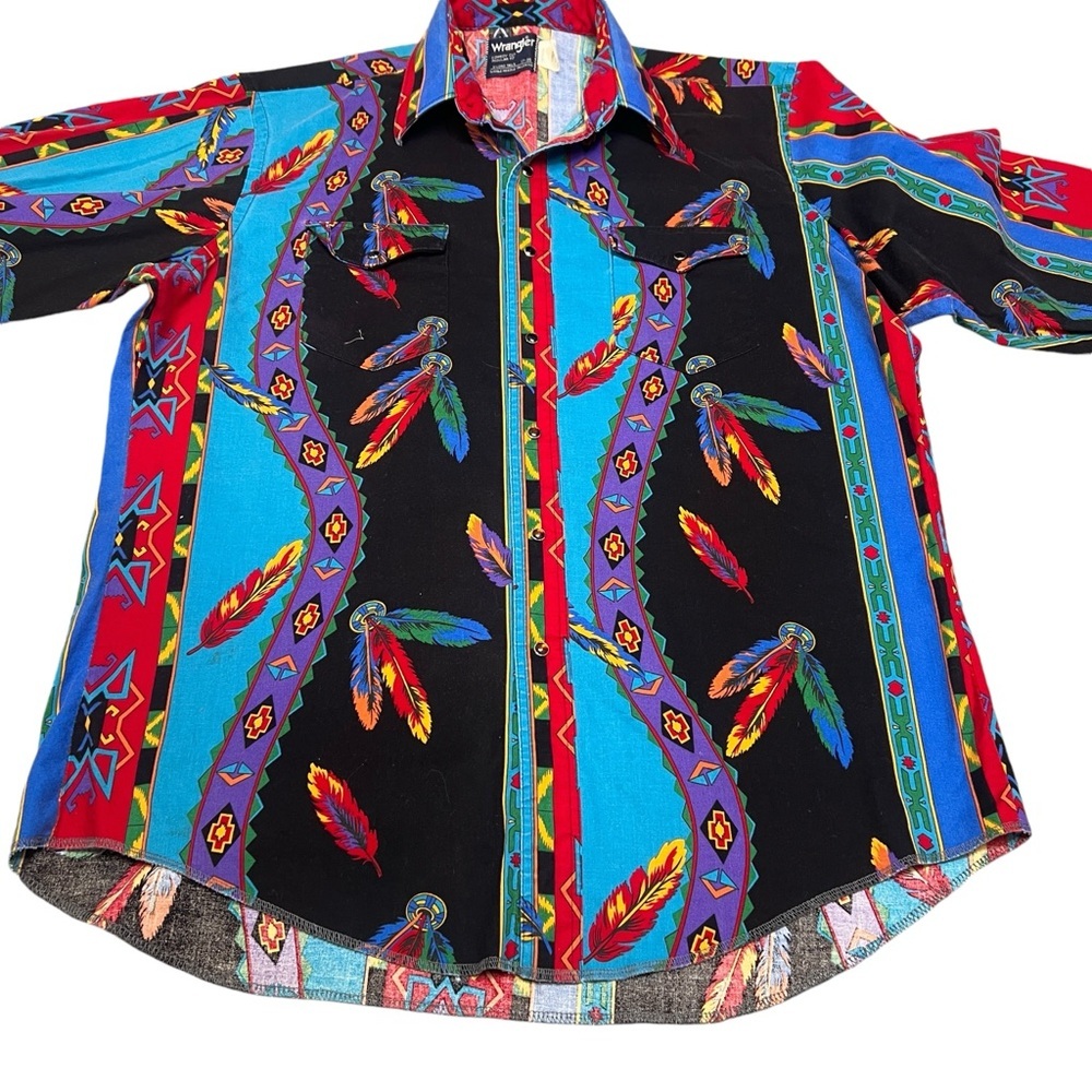 Wrangler Vintage Y2K 90’s Aztec Southwestern Feather Pearl Snap Shirt XL - Picture 6 of 9